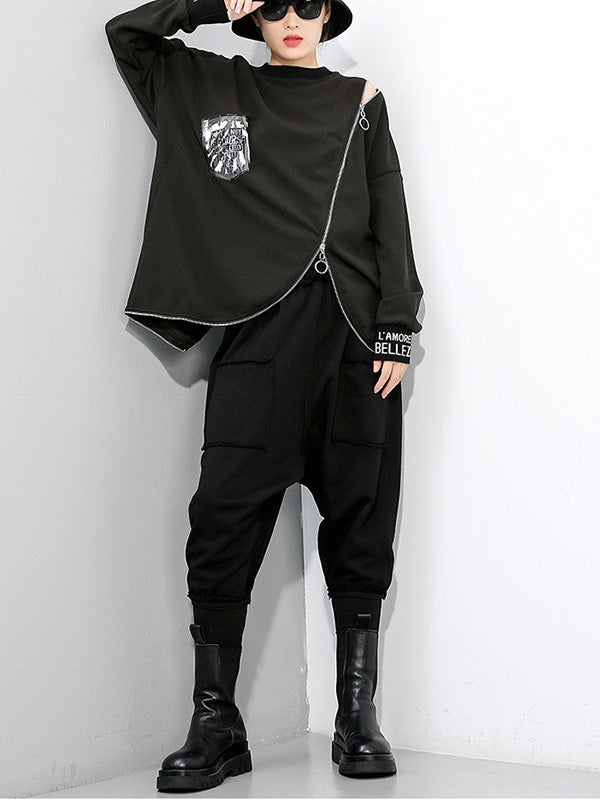 Women Zipper Pullover Irregular Sweatshirt