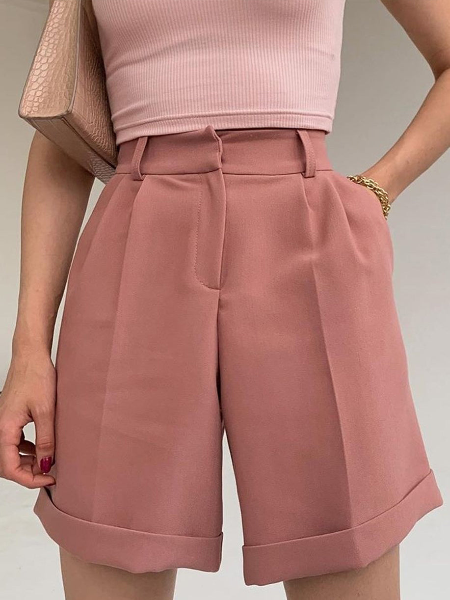 Women Pocket Zipper Button Solid Color Casual Shorts