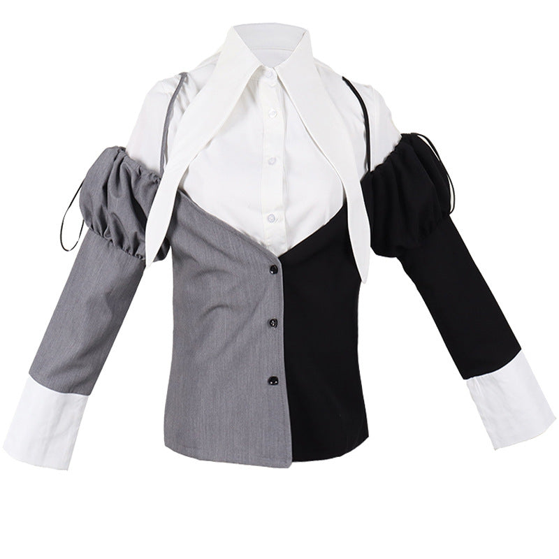 Contrasting Color Stitching Fake Two Long-Sleeved Blouses Shirts Top