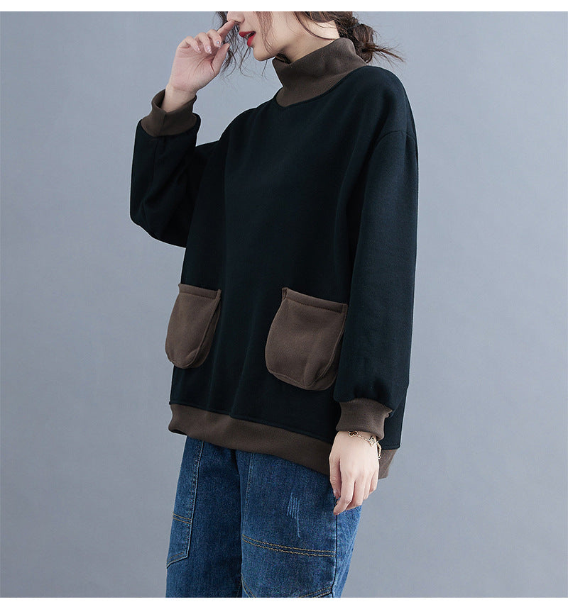 Women Loose Stitching Contrast Color High Neck Sweatshirt