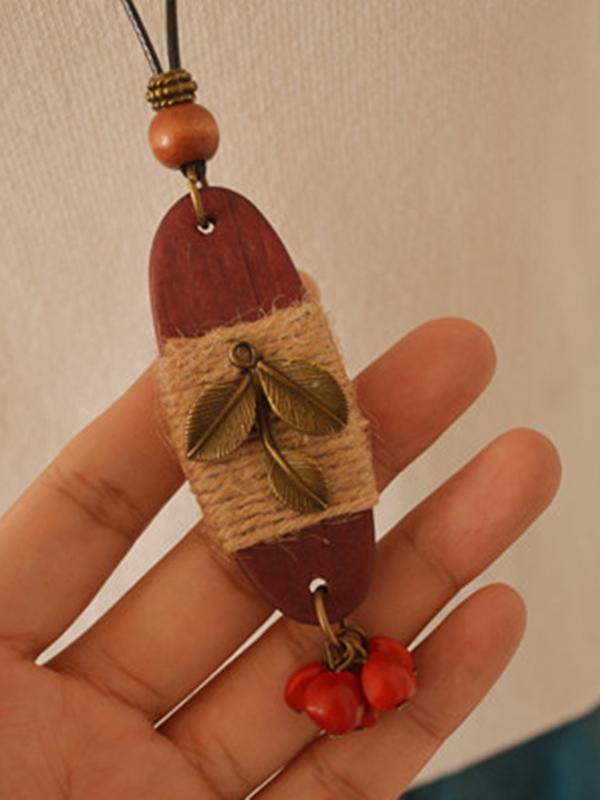 Vintage Hemp Rope Leaves Red Bean Long Necklace