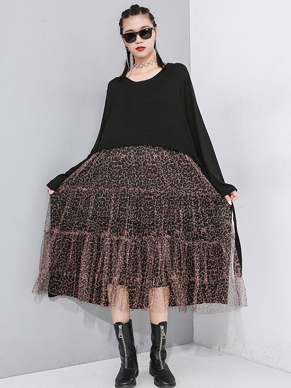 Leopard Splicing Round Collar False Two Midi Dress