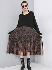 Leopard Splicing Round Collar False Two Midi Dress