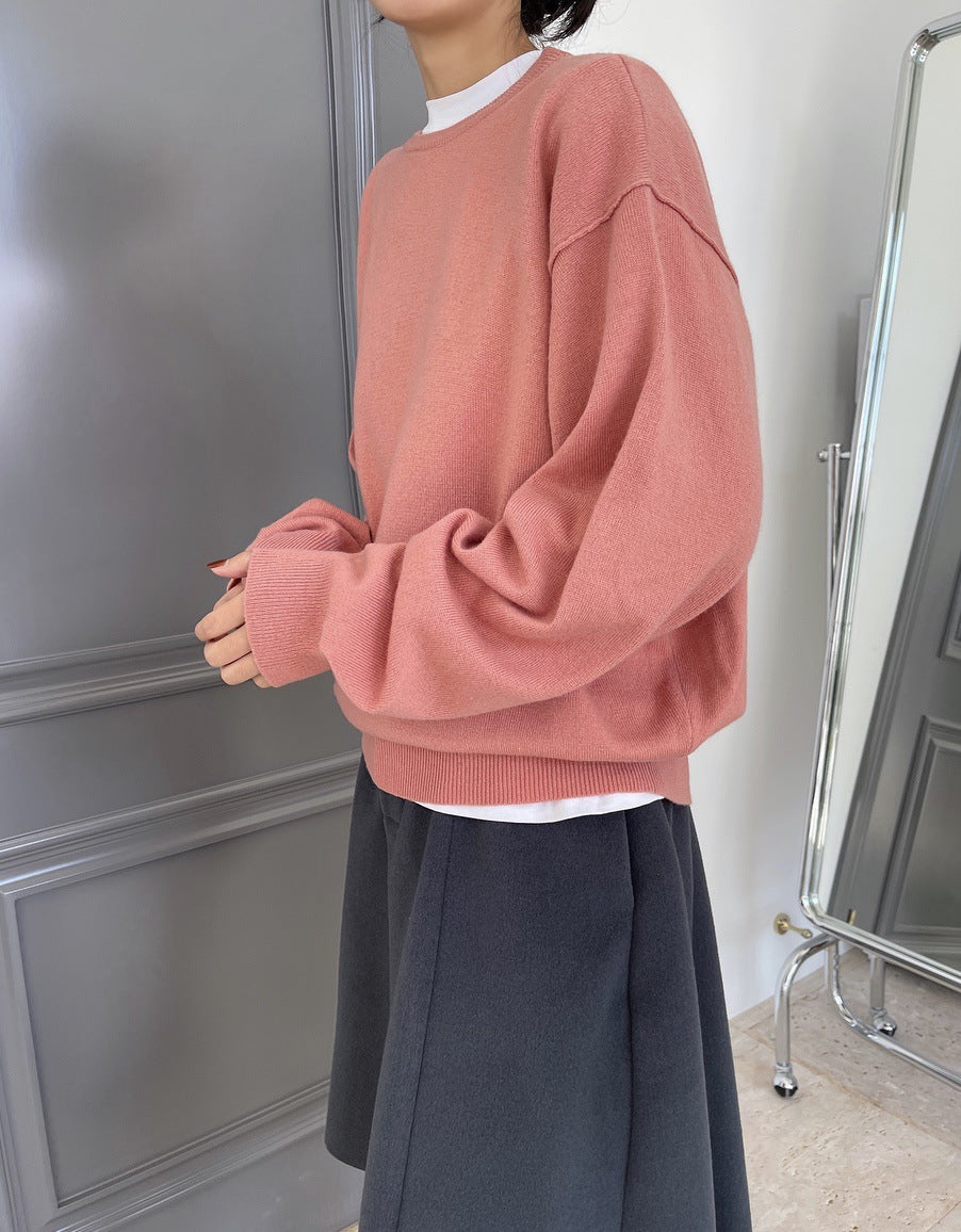 Round Neck Solid Color Pullover Wool Sweater