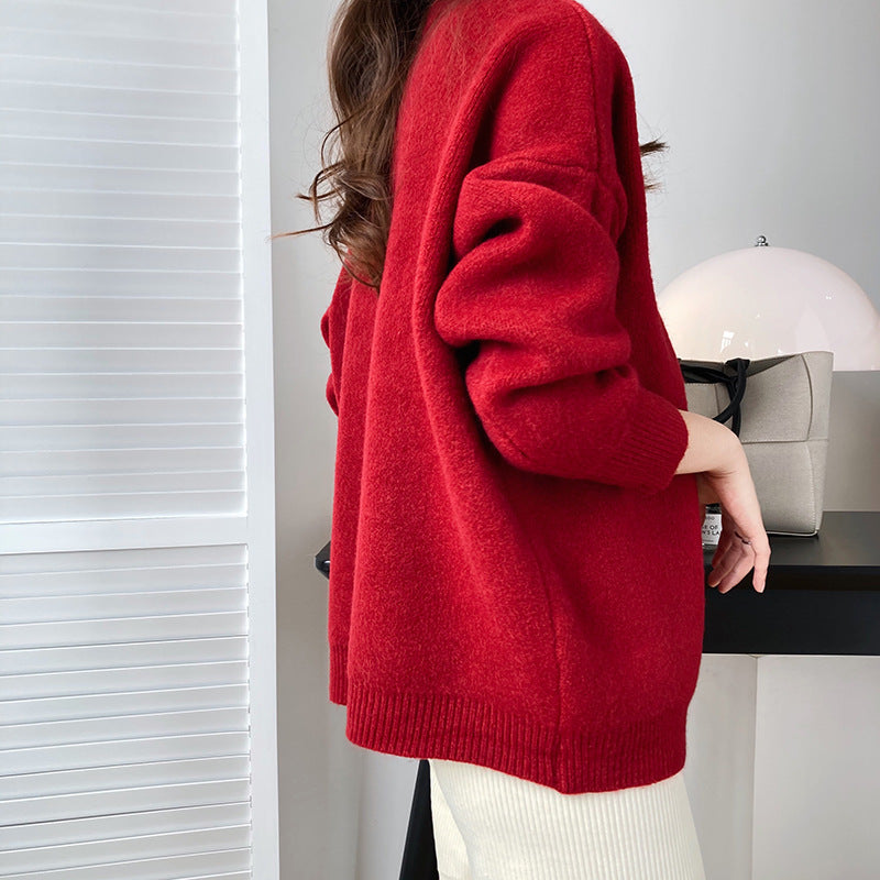 Women Round Neck Loose Solid Color Casual Coat