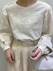 Round Neck Embroidered Long Sleeve Blouses Shirts Top