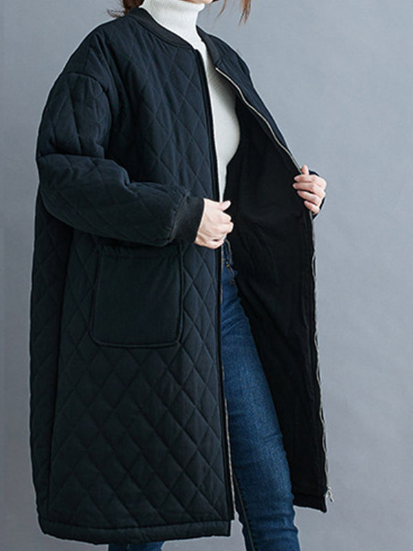 Women Loose Check Pocket Casual Coat