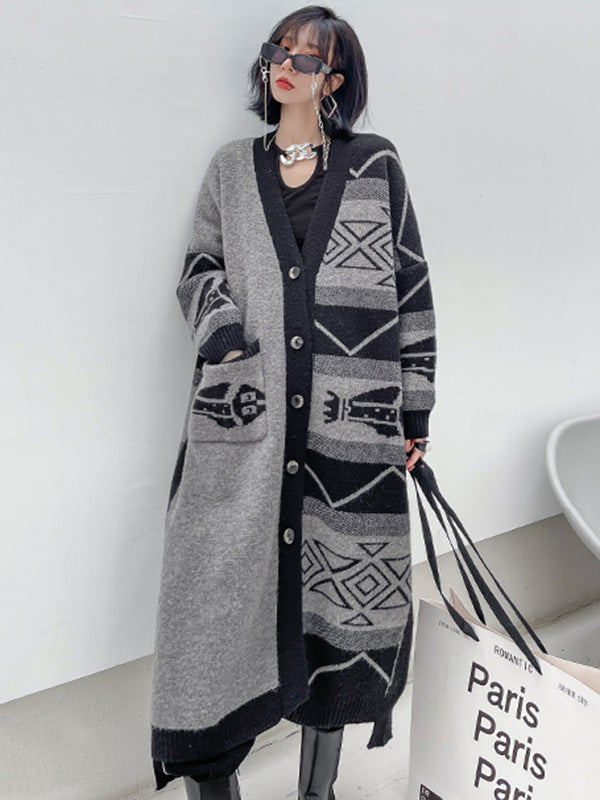 Urban Roomy Knitting Asymmetric Jacquard Cardigan Coat