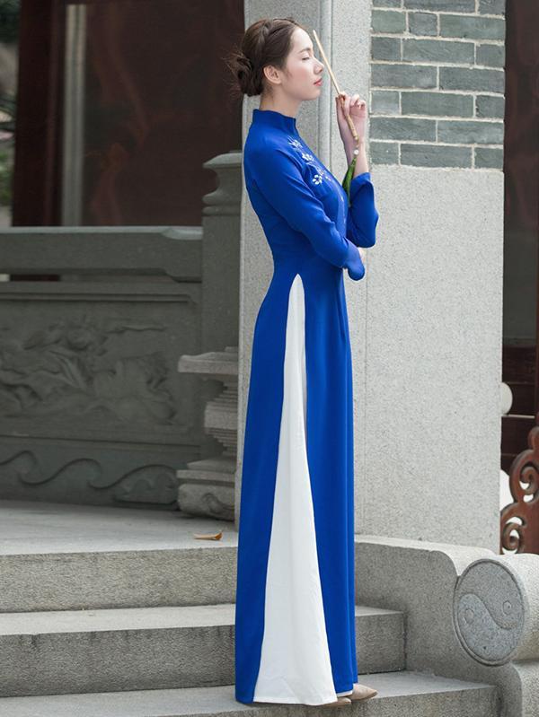 Tradition Blue Long Cheongsam Ao Dai