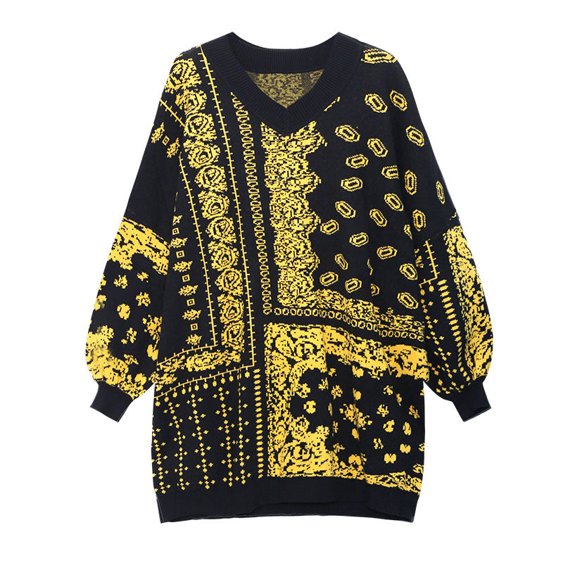 Loose Mid-Length Jacquard Retro Knitted Sweater