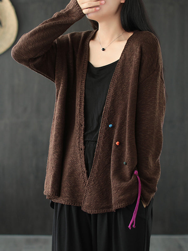 Solid V-Neck Loose Retro Cardigan Outwear