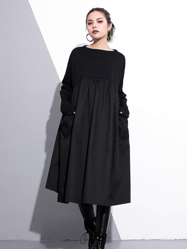 Loose Black Split-joint Long Sleeves Dress