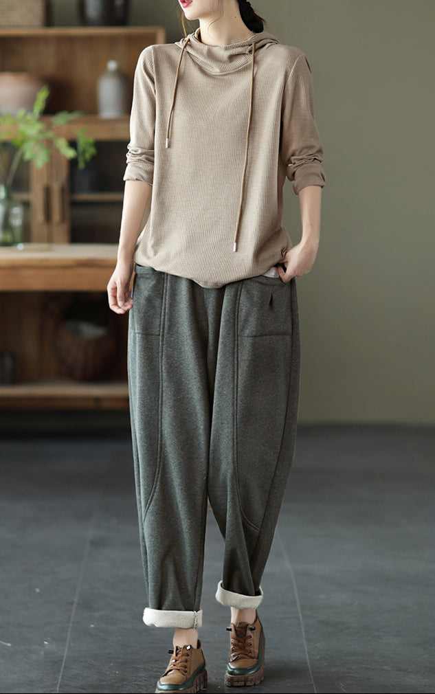 Solid Color Pit Striped Hooded Loose T-Shirt