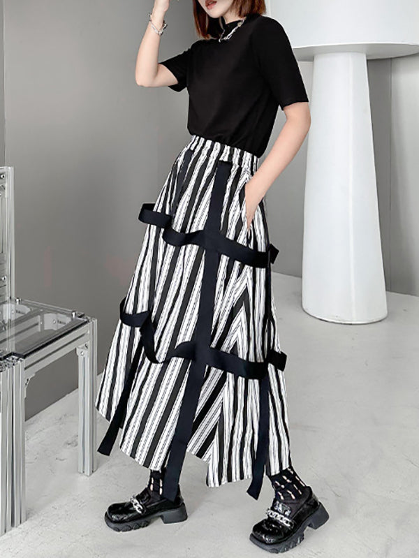 A-Line Roomy Striped Elasticity Split-Joint Streamer Skirts Bottoms