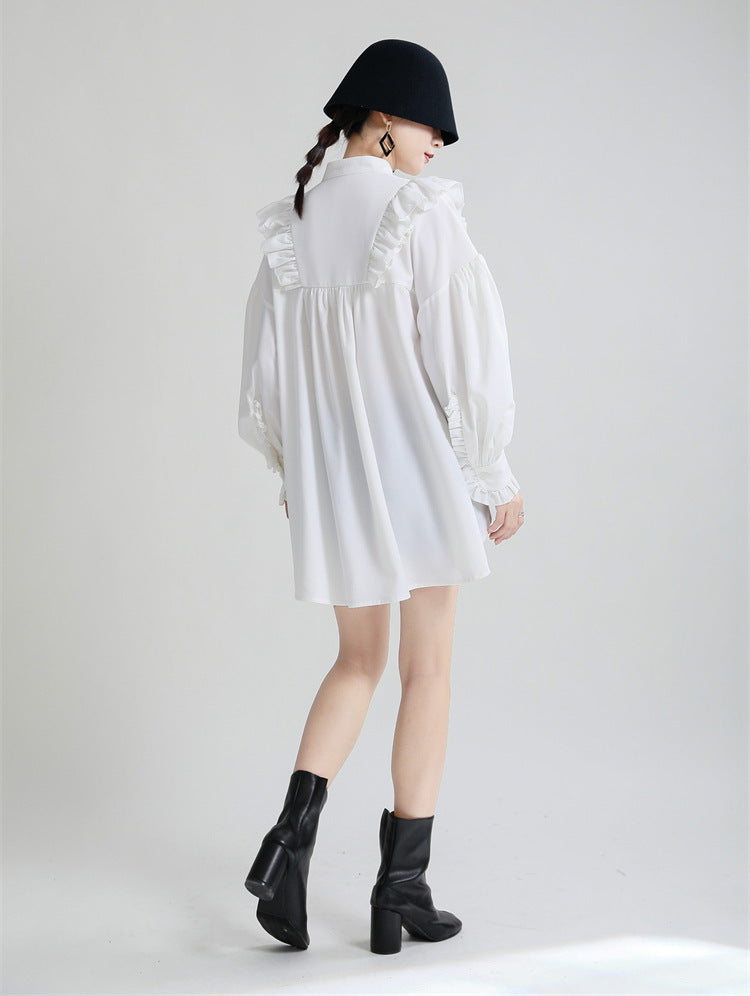 Irregular Tie Long Sleeve Loose White Shirt