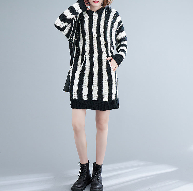 Loose Striped Hooded Knitted Mini Dress