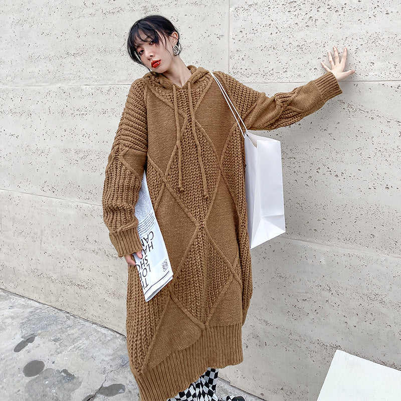 Loose Solid Color Thicken Hooded Midi Dress