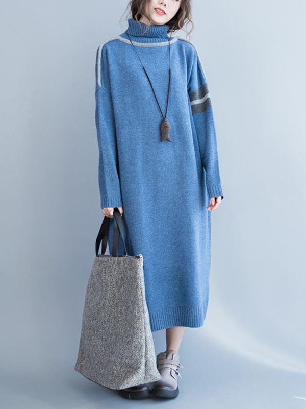 Blue High-neck Knitting Soft Sweater Dress