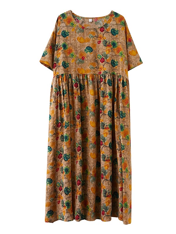 Artistic Retro Floral Round-Neck Dress