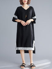 Loose Lace Splicing High-Low V-Neck Dress