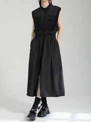 Roomy Sleeveless Contrast Color Drawstring Split-Joint Tied Waist Round-Neck Midi Dresses