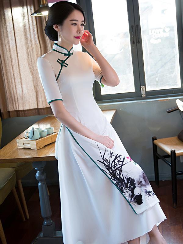 Ink&Lotus Print Stand-collar Ao Dai Long Cheongsam
