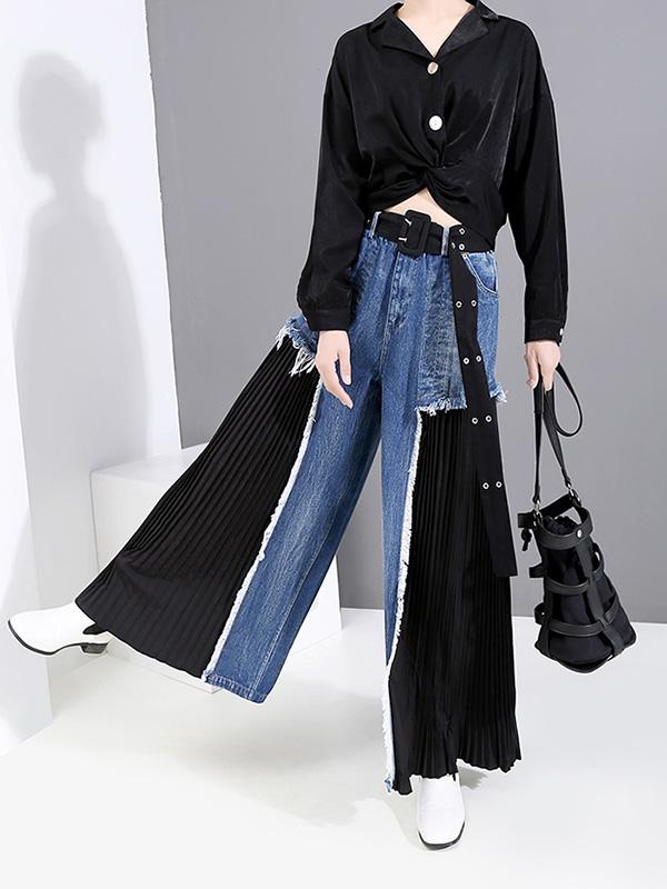 Loose Split-joint Pleated Jean Pants