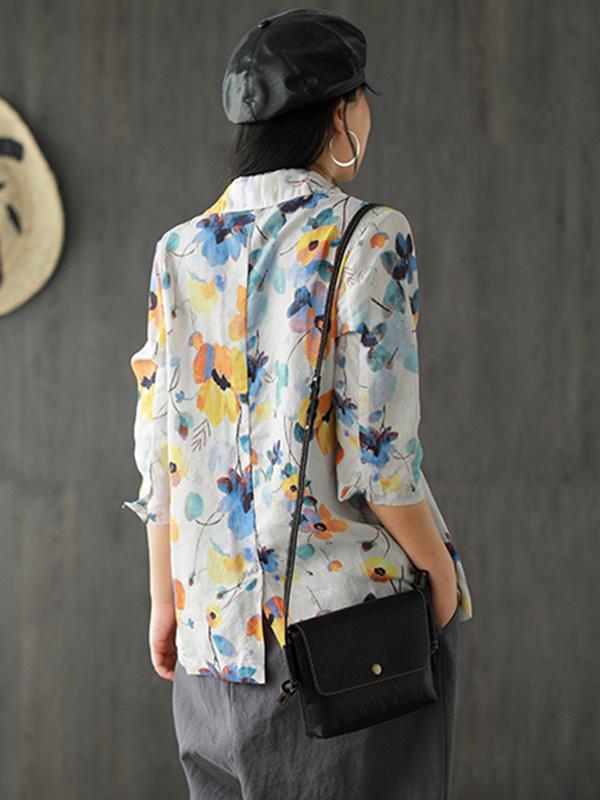 Loose Ramie Floral Printed Suit Outwear