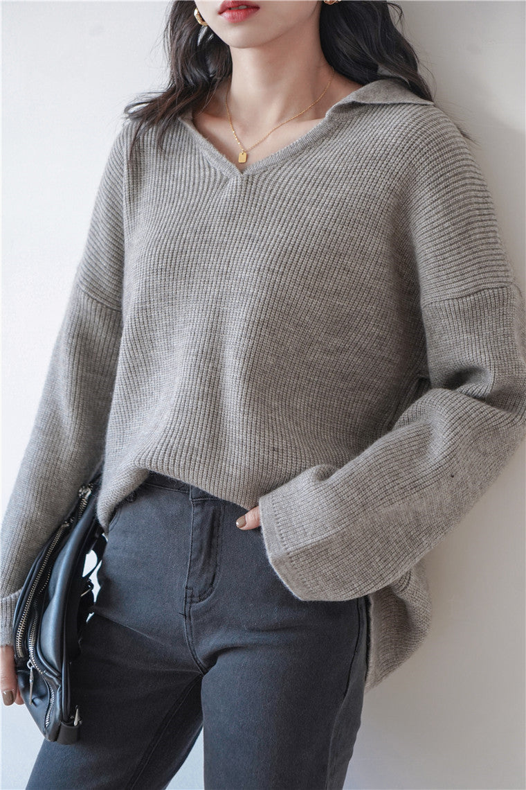 Women Simple Loose V-Neck Sweater