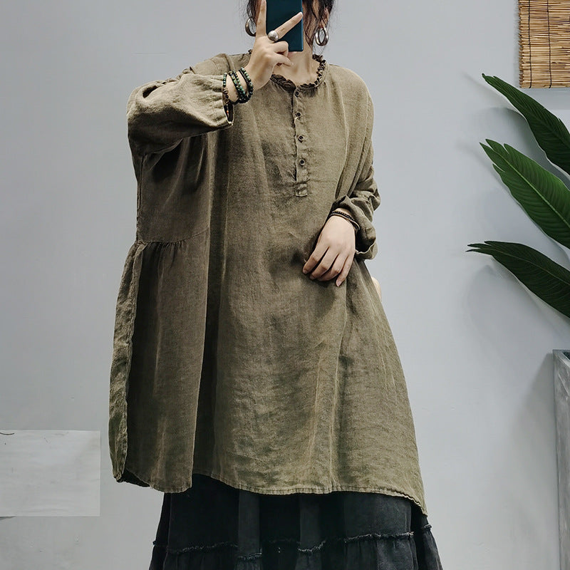 Retro Solid Color Washed Older Long Sleeve Midi Dress
