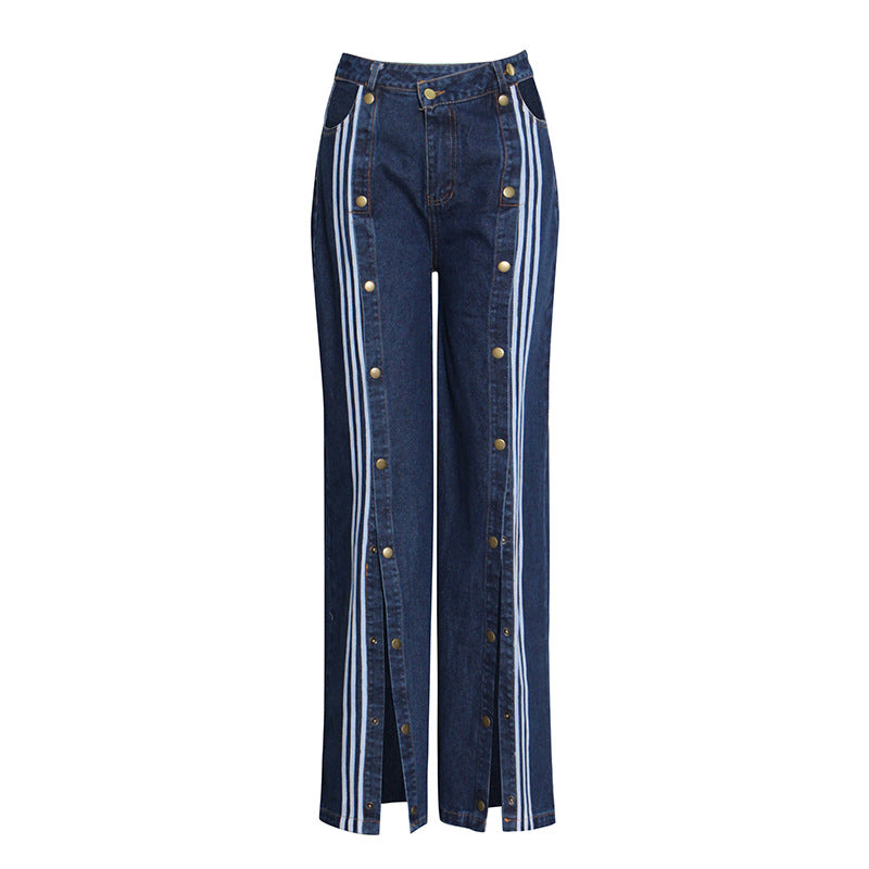 Retro Splicing Striped Buckle Jeans