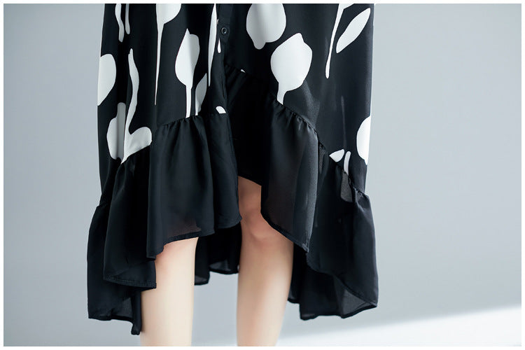 Printed Ruffle Shirt Midi Dress