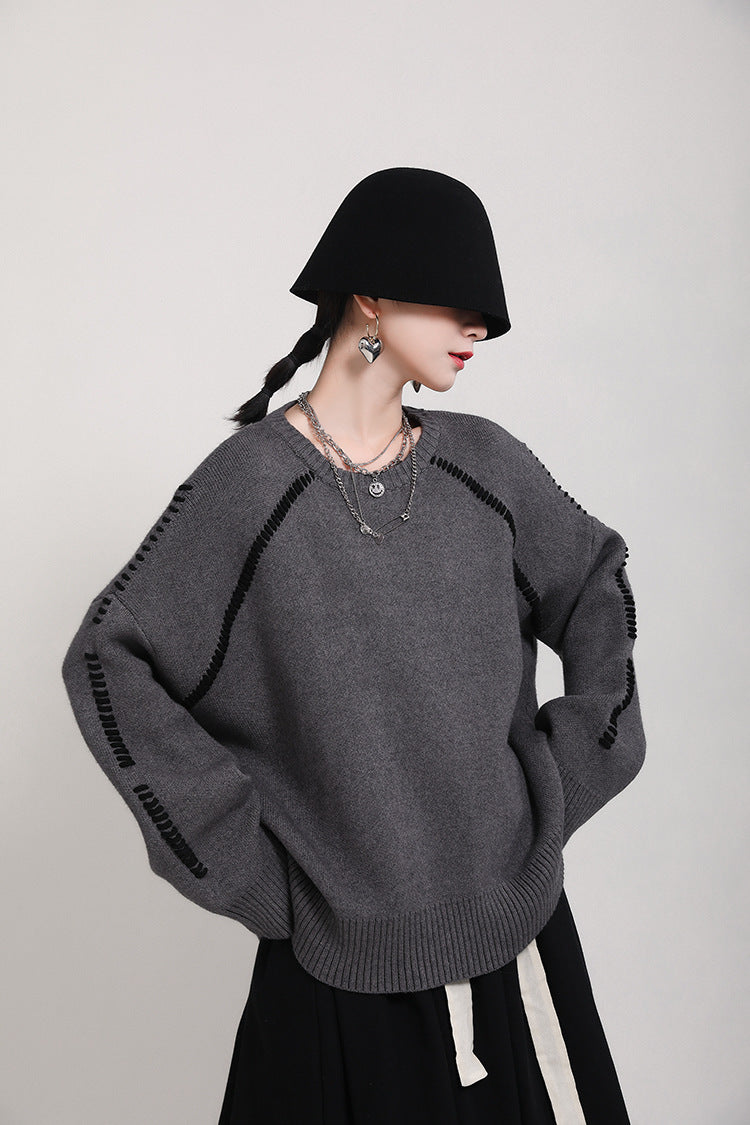 Women Round Neck Thick Stitching Sweater