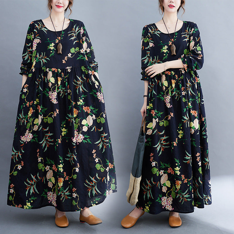 Round Neck Long Sleeve Floral Printed Retro Maxi Dress