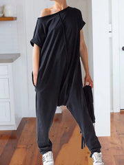 Casual Loose Solid Color Off-The-Shoulder Short Sleeves Jumpsuit