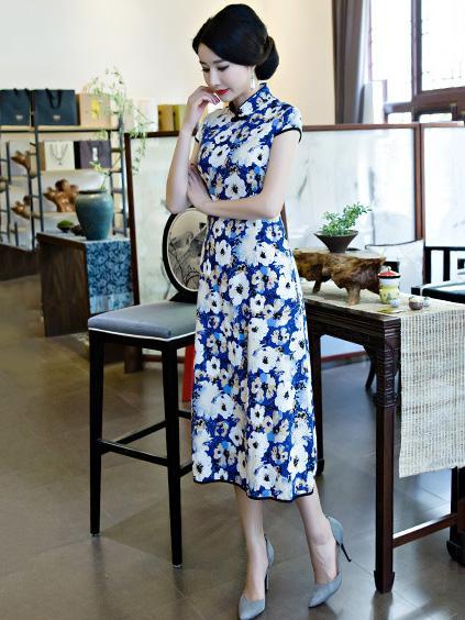 White Flower Printed  Midi Cheongsam