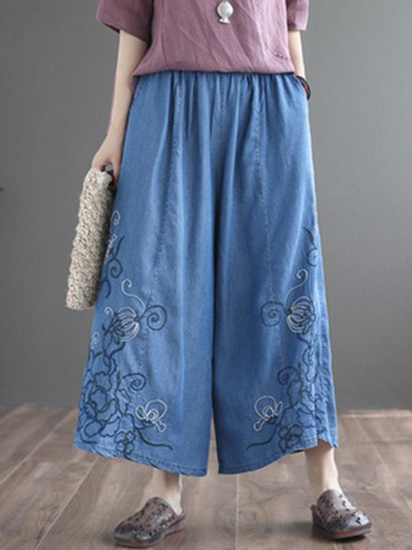 Artistic Retro Applique Wide Leg Jean Pants Bottoms