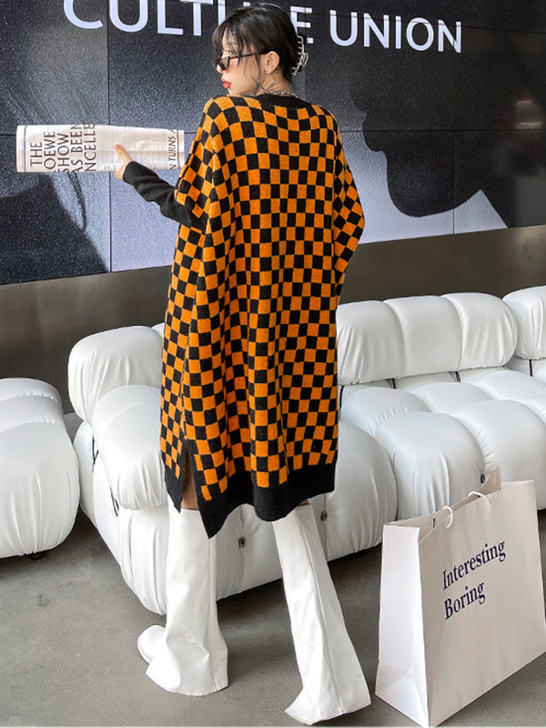 Loose Plaid V-Neck Knitted Midi Dress