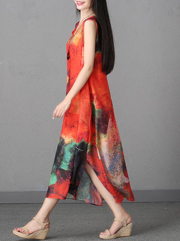 Chiffon Printed Sleeveless Split-side Long Dress