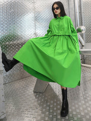 Women Lapel Long Sleeve Solid Color Dress