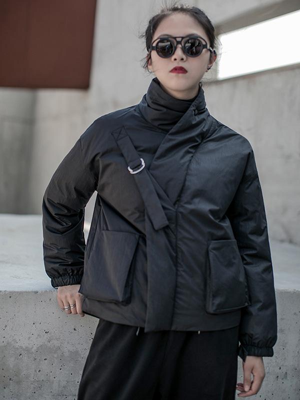 Black Stand Collar Zipper Thickening Coat