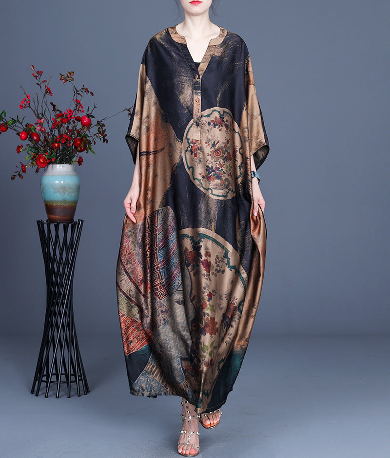 Retro Print Stitching Irregular Dress