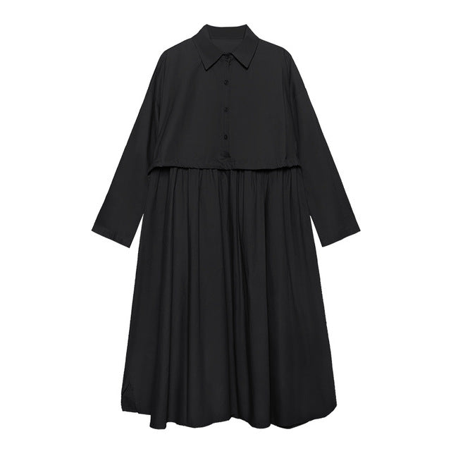 Women Lapel Long Sleeve Solid Color Dress