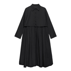 Women Lapel Long Sleeve Solid Color Dress