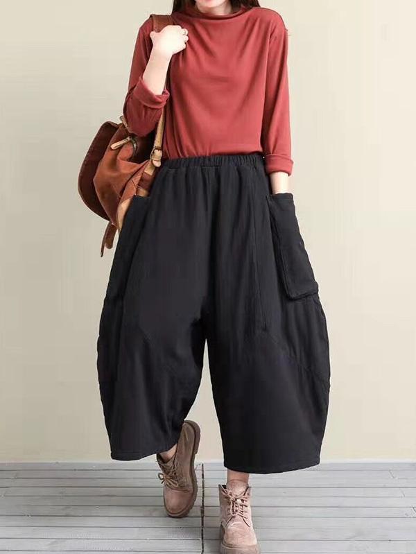 Retro Elastic Waist Thickening Wide-Leg Pants