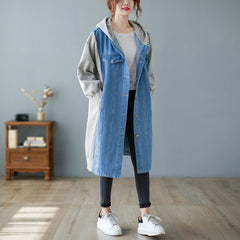 Large Size Hooded Denim Stitching Mid-Length Coat