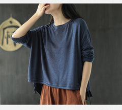 Women Retro Loose Round Neck Pullover Bottoming Shirt