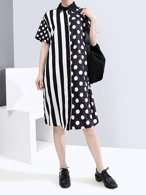 Striped Splicing Polka-Dot Shirt Dress