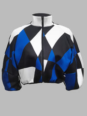 Color-Block Contrast Color Zipper Stand Collar Jackets Outerwear