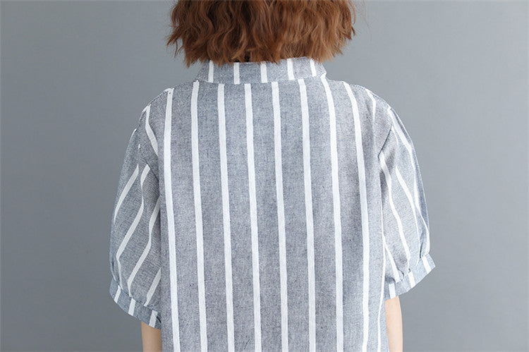 Stand-Up Collar Plus Size Loose Striped Blouses Shirts Top